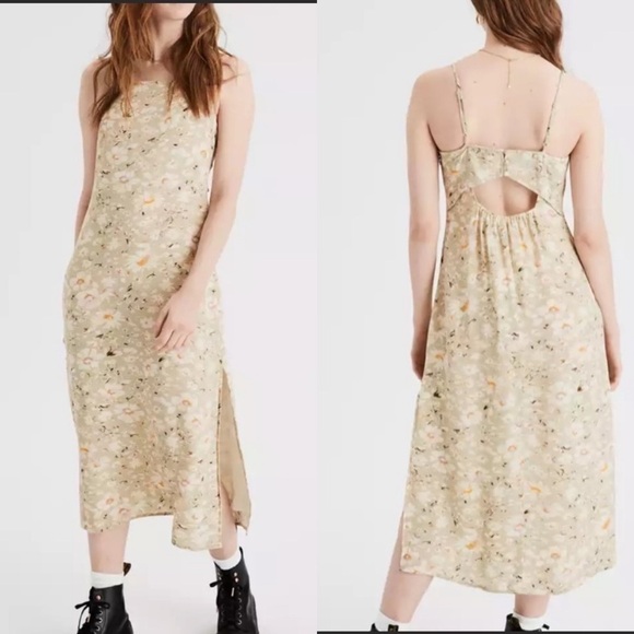American Eagle Floral Midi Side‎ Slit Slip Dress in Soft Green Size Extra Small - Picture 1 of 6